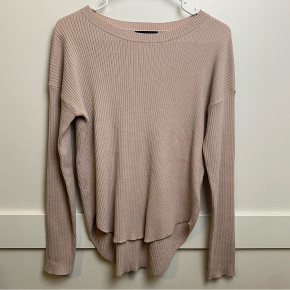 Express Pink Tan Ribbed Crew Neck Round Hem Long Sleeve Sweater